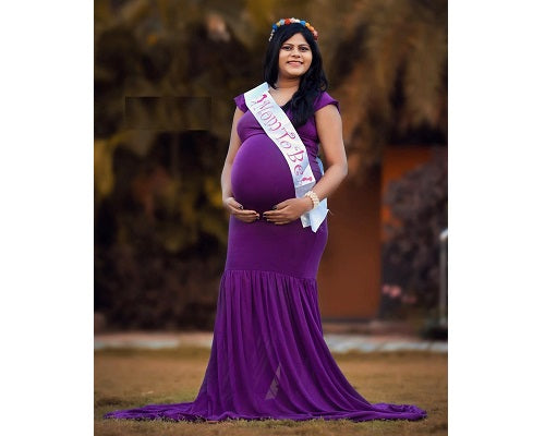 G218,Purple Maternity Shoot Trail Baby Shower Lycra Fit Gown, Size: All, Color: All