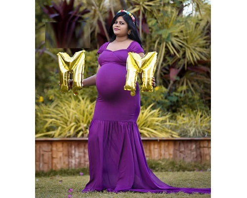 G218,Purple Maternity Shoot Trail Baby Shower Lycra Fit Gown, Size: All, Color: All
