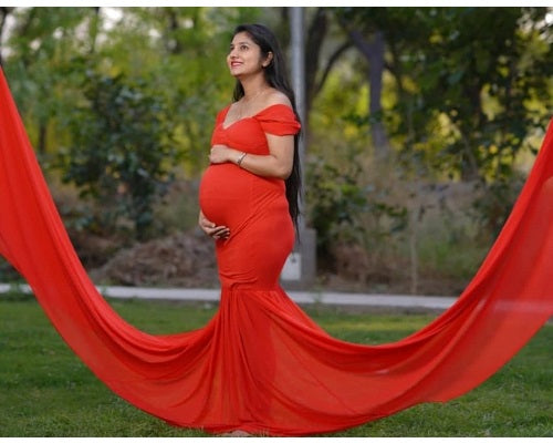 G215, Red Maternity Shoot Trail Baby Shower Lycra Fit Gown, Size: All, Color: All