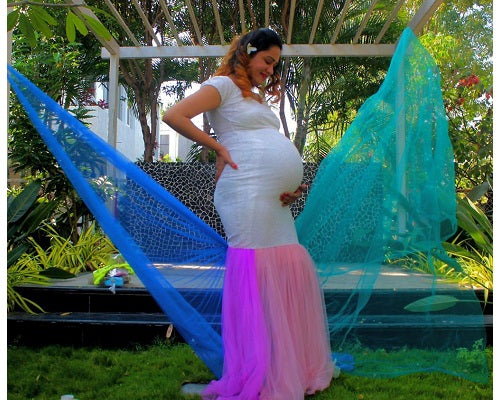 G249, White Top With Botem Layered Malti Colour Maternity Shoot Trail Lycra Body Fit Gown, Size: All, Color: All