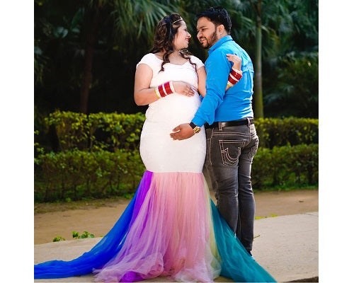 G249, White Top With Botem Layered Malti Colour Maternity Shoot Trail Lycra Body Fit Gown, Size: All, Color: All