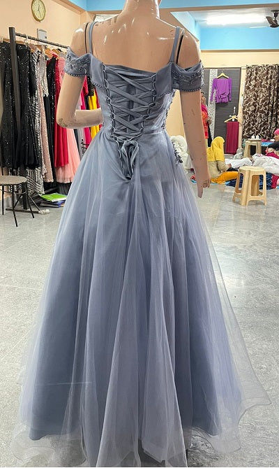G635, Grey Ball Semi off Shoulder Gown, Size (XS-30 to L-38)