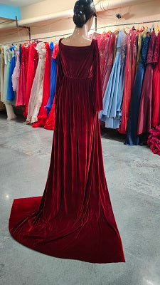 G341, Wine Velvet Lycra maternity shoot Trail Gown, Size: All, Color: All