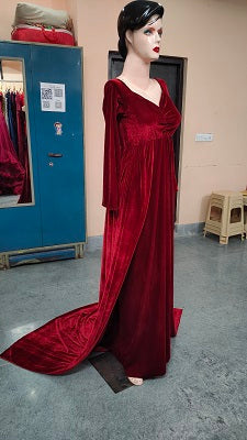 G341, Wine Velvet Lycra maternity shoot Trail Gown, Size: All, Color: All