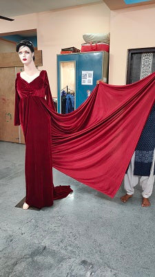 G341, Wine Velvet Lycra maternity shoot Trail Gown, Size: All, Color: All