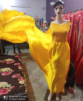 G278, Yellow Satin Long Trail Maternity Shoot Gown, Size: All, Color: All