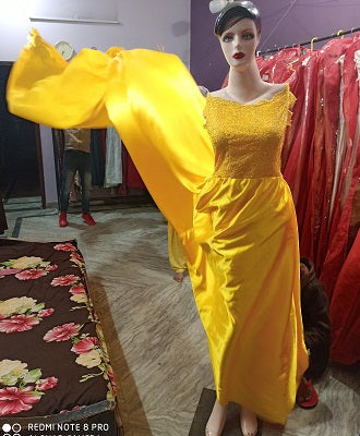 G278, Yellow Satin Long Trail Maternity Shoot Gown, Size: All, Color: All