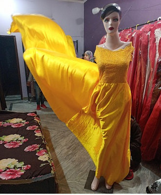G278, Yellow Satin Long Trail Maternity Shoot Gown, Size: All, Color: All