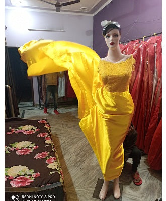 G278, Yellow Satin Long Trail Maternity Shoot Gown, Size: All, Color: All