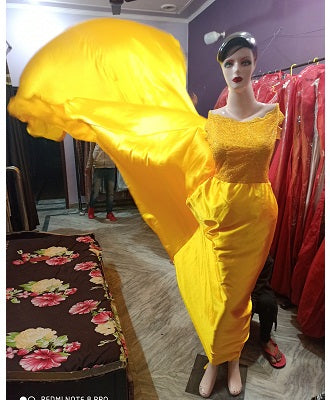 G278, Yellow Satin Long Trail Maternity Shoot Gown, Size: All, Color: All
