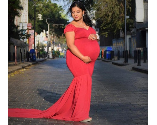 G215, Red Maternity Shoot Trail Baby Shower Lycra Fit Gown, Size: All, Color: All