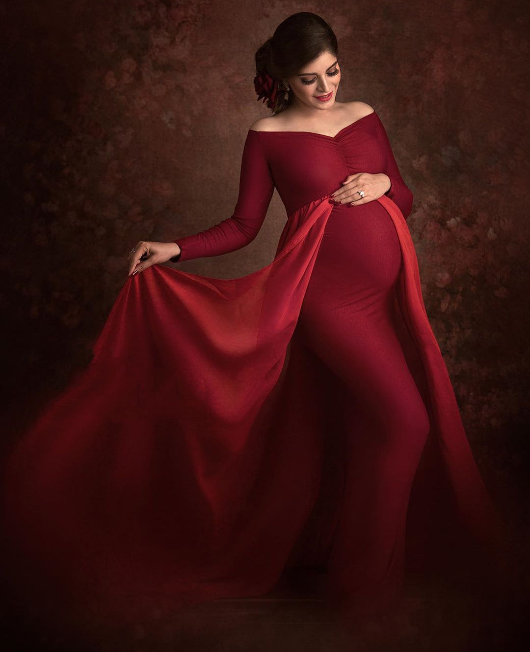 G44 ,Wine Maternity shoot Baby Shower Lycra Body Fit Gown, Size: All, Color: All