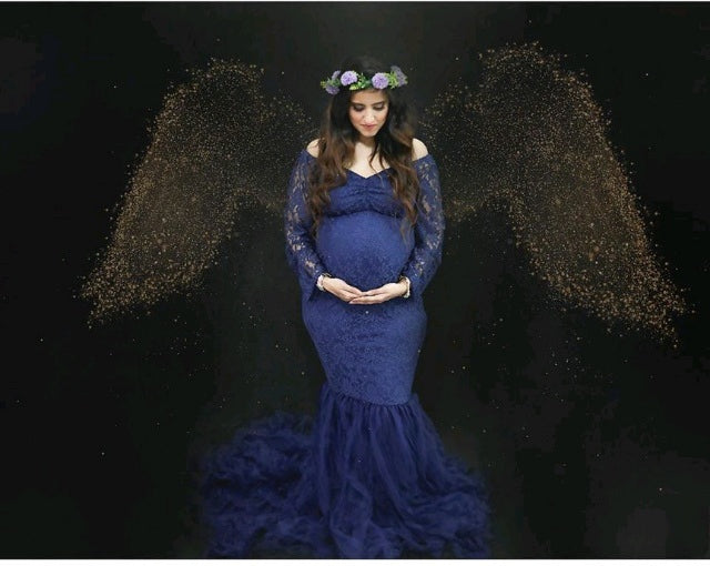 G221, Navy Blue Fish Cut Maternity Shoot Baby Shower Gown, Size: All, Color: All