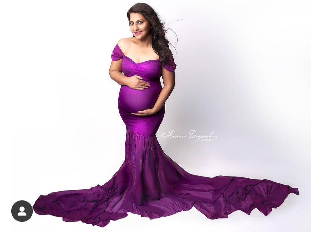 G218,Purple Maternity Shoot Trail Baby Shower Lycra Fit Gown, Size: All, Color: All