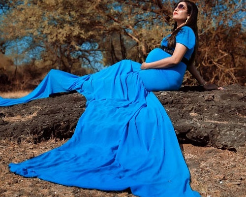 G46,Blue Maternity Shoot Trail Baby Shower Lycra Fit Gown, Size: All,Color: All