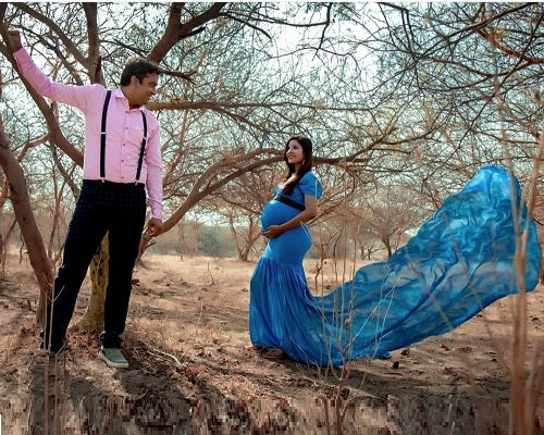 G46,Blue Maternity Shoot Trail Baby Shower Lycra Fit Gown, Size: All,Color: All