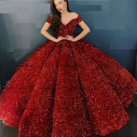 G337, Red Luxury Sequence Quinceanera Ball gown, Size (XS-30 to L-38)