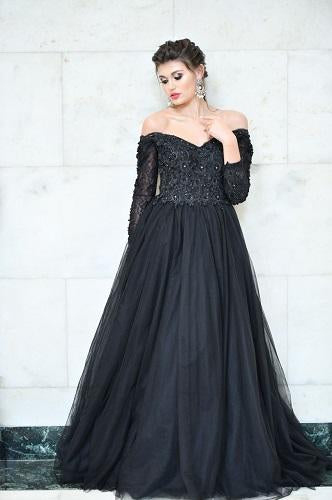 G146, Black Semi Off Shoulder Ball Gown, Size (XS-30 to XL-35)