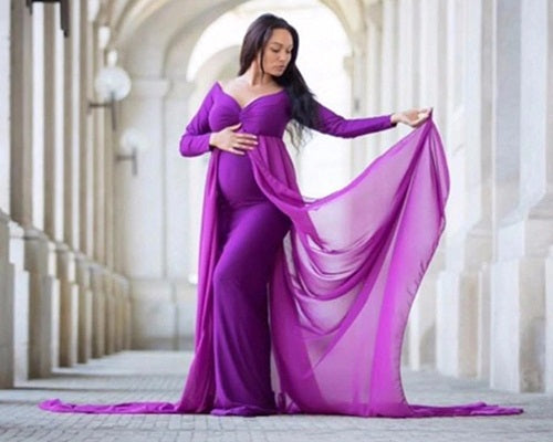 G41,Purple Maternity shoot Baby Shower Lycra Body Fit Gown, Size: All, Color: All