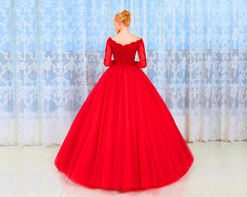 G335, Red Semi off Shoulder Ball Gown, Size (XS-30 to L-38)