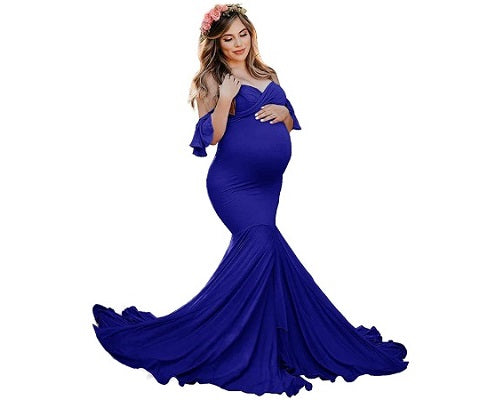 G248, Royal Blue Maternity Shoot Baby Shower Trail Lycra Fit Gown,Size: All, Color: All