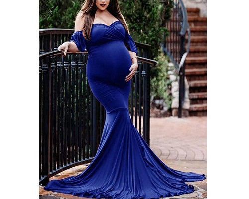 G248, Royal Blue Maternity Shoot Baby Shower Trail Lycra Fit Gown,Size: All, Color: All