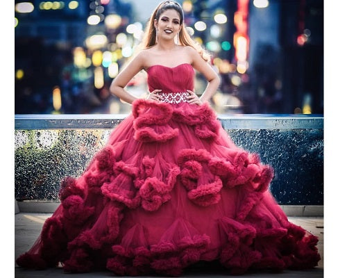 G148, Wine Puffy Maternity Shoot Baby Shower Trail Gown Size: All, Color: All