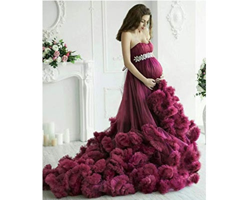 G148, Wine Puffy Maternity Shoot Baby Shower Trail Gown Size: All, Color: All