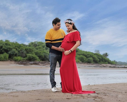 G42, Long Off Shoulder Wine Maternity shoot Baby Shower Lycra Body Fit Gown, Size: All, Color: All