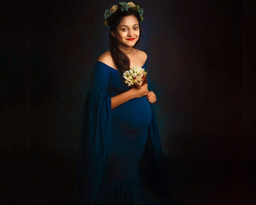 G207, Navy Blue Maternity Shoot Baby Shower Trail Lycra Fit Gown, Size: All, Color: All