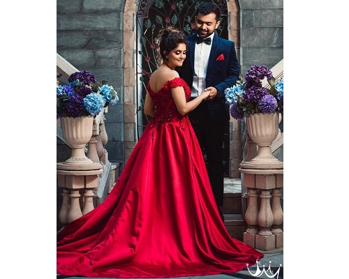 G130, Wine Satin Off Shoulder Trail Ball gown, Size: All, Color: All