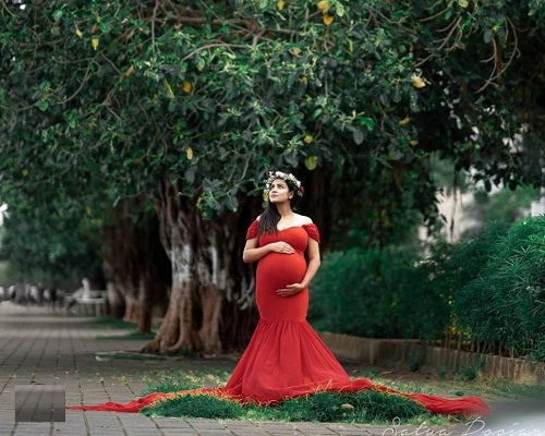 G215, Red Maternity Shoot Trail Baby Shower Lycra Fit Gown, Size: All, Color: All