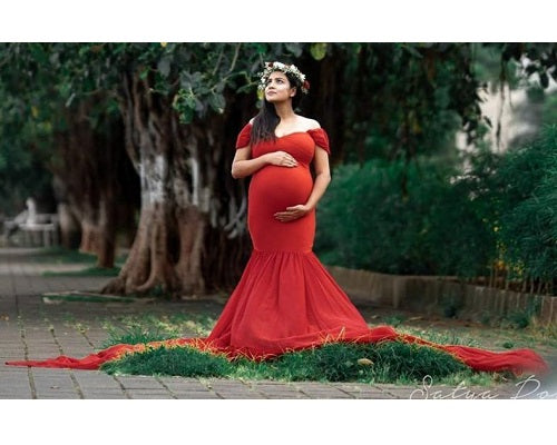 G215,Red Maternity Shoot Trail Baby Shower Lycra Body Fit Gown, Size: All, Color: All