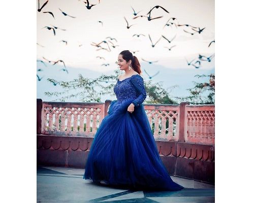 G145, Navy Blue Semi off shoulder Ball Gown, Size (XS-30 to XL-36)