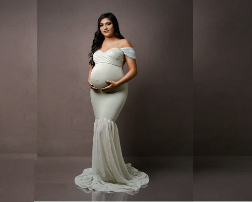 G48,Light Green Maternity Shoot Trail Baby Shower Lycra Body Fit Gown, Size: All, Color: All