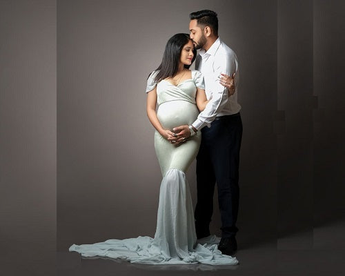 G48,Light Green Maternity Shoot Trail Baby Shower Lycra Body Fit Gown, Size: All, Color: All