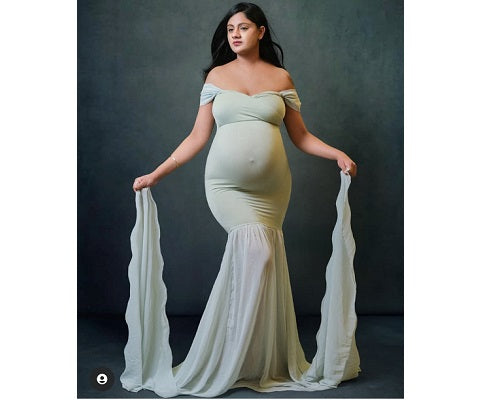 G48,Light Green Maternity Shoot Trail Baby Shower Lycra Body Fit Gown, Size: All, Color: All