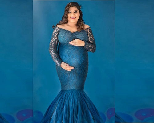 G221, Navy Blue Fish Cut Maternity Shoot Baby Shower Gown, Size: All, Color: All