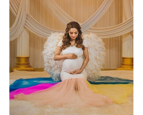 G249, White Top With Botem Layered Malti Colour Maternity Shoot Trail Lycra Body Fit Gown, Size: All, Color: All