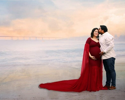 G181, Wine Maternity Shoot Long Sleeves Trail Baby Shower Gown, Size: All, Color: All