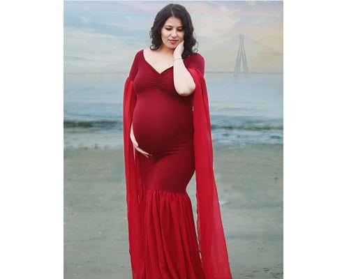 G181, Wine Long Sleeves Trail Gown, Size: All, Color: All