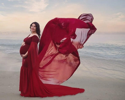 G181, Wine Maternity Shoot Long Sleeves Trail Baby Shower Gown, Size: All, Color: All