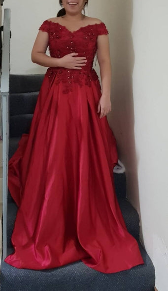 G130, Wine Satin Off Shoulder Trail Ball gown, Size: All, Color: All