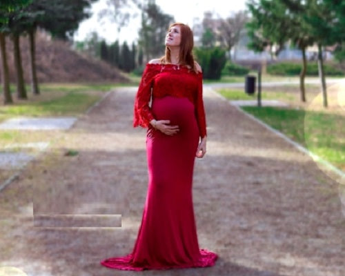 G208, Wine Os Full Sleeves Maternity Shoot Trail Baby Shower Lycra Body Fit Gown, Size: All, Color: All