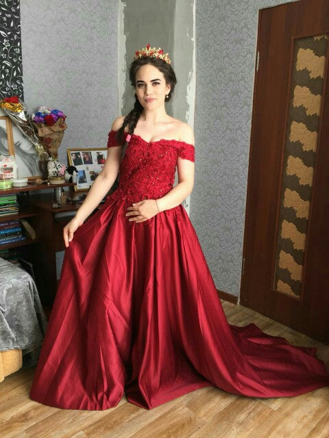 G130, Wine Satin Off Shoulder Trail Ball gown, Size: All, Color: All