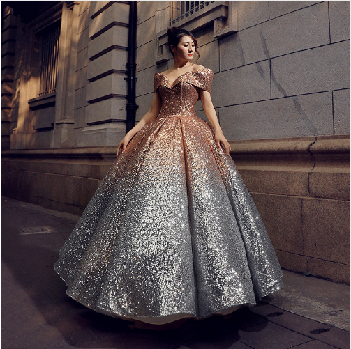 G136, Luxury Gold And Silver Princess Evening Ball Gown, Size (XS-30 to L-38)