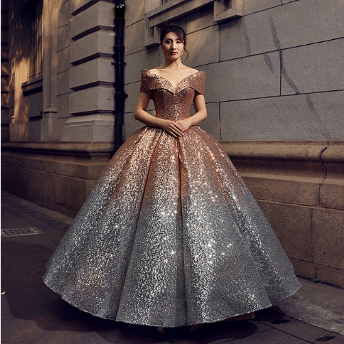 G136, Luxury Gold And Silver Princess Evening Ball Gown, Size (XS-30 to L-38)