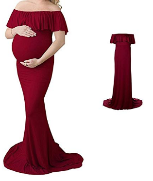 G42, Long Off Shoulder Wine Maternity shoot Baby Shower Lycra Body Fit Gown, Size: All, Color: All