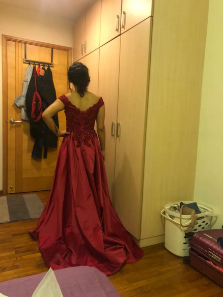G130, Wine Satin Off Shoulder Trail Ball gown, Size: All, Color: All