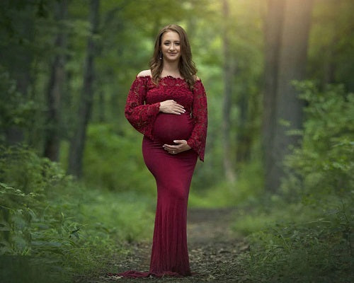 G208, Wine Os Full Sleeves Maternity Shoot Trail Baby Shower Lycra Body Fit Gown, Size: All, Color: All